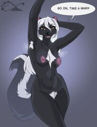 anthro armpit_fetish armpit_hair black_body black_fur bodily_fluids body_hair breasts female fluffy fluffy_tail fur hair hands_behind_head hi_res katfishcom looking_at_viewer mammal mephitid nipples nude pubes skunk solo sweat tail white_hair