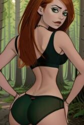 1girls ai_generated ass audiostick bracelet bracelets breasts cartoony detailed_background disney disney_channel earring eyeliner female female_only forest green_eyes hands_on_hips hands_on_own_hips human kim_possible kimberly_ann_possible long_hair looking_at_viewer looking_back necklace orange_hair panties solo sports_bra stable_diffusion tank_top tree