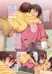 1boy 1girls aunty_noriko blue_eyes comic curvy_figure dialogue doujinshi english_text erection erection_under_clothes female huge_breasts hugging korotsuke male married_woman milf seductive_smile surprised_expression thick_thighs thought_bubble