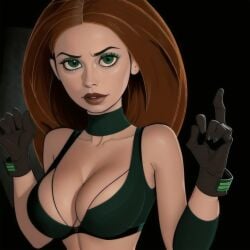 1girls ai_generated audiostick bracelet breasts cartoony choker cleavage disney disney_channel eyelashes eyeliner female female_only gloves green_eyes human kim_possible kimberly_ann_possible large_breasts looking_at_viewer middle_finger orange_hair seductive solo sports_bra stable_diffusion