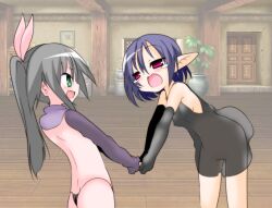 2girls breast_curtains dungeon_party gray_hair long_hair long_sleeves millete multiple_girls panties petite rags rel short_hair