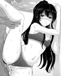 1boy 1girls armpits black_hair blush clothed_sex cum_in_pussy cum_inside cute female gym_uniform inanaki_shiki leg_grab legs_up long_hair male monochrome my_teen_romantic_comedy_snafu panties_aside ponytail pussy pussy_juice schoolgirl shy small_breasts sports_bra sweat thick_thighs thigh_grab yukinoshita_yukino