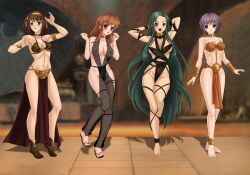 4girls amenoosa asahina_mikuru belly_dancer belly_dancer_outfit brown_hair cleavage crossover_cosplay dancer dancer_outfit green_hair harem harem_girl harem_outfit large_breasts light_brown_hair loincloth long_hair medium_breasts multiple_girls nagato_yuki oola_(cosplay) purple_hair short_hair slave slave_bikini slave_collar slave_leia_(cosplay) slave_outfit slavegirl star_wars suzumiya_haruhi suzumiya_haruhi_no_yuuutsu