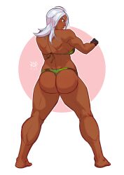 1girls ass back bikini brown_hair camouflage_bikini commission dark-skinned_female dark_skin muscular muscular_back muscular_female samuraiblack sega signature simple_background solo thick_thighs vanessa_lewis virtua_fighter white_hair