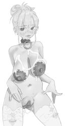 1girls 2023 areolae big_breasts blush ccinyo collar cowboy_shot creampie cum cum_in_pussy cum_on_breasts degrading_accessory digital_media_(artwork) ear_piercing earrings facing_viewer female female_only greyscale hair_bun huge_areolae large_breasts looking_at_viewer nude_female original original_character parted_lips piercing profanity puffy_pussy puffy_vulva pussy pussy_juice sagging_breasts short_hair simple_background sketch slave_collar solo standing teasing teasing_viewer thighhighs tied_hair uncensored wet wet_pussy white_background