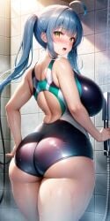 ai_generated ass blue_hair blush breasts goddess_of_victory:_nikke hi_res huge_ass huge_breasts long_hair looking_back plump privaty_(nikke) shower skin_tight stable_diffusion swimsuit thick_thighs twintails wide_hips yellow_eyes