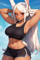 1girls 2020s 2023 ai_generated amiral_ai anime armpits arms_behind_head arms_up blush booty_shorts breasts cleavage dolphin_shorts female gym_uniform hands_behind_head hi_res huge_breasts legs_together light-skinned_female light_skin logo_on_bottomwear long_hair love manga midriff miruko my_hero_academia navel png pose posing rabbit_ears red_eyes rumi_usagiyama sensual short_shorts shorts side_slit smile solo solo_female sports_bra sportswear standing thick_thighs toned two_tone_bottomwear two_tone_bottomwear_(black&white) white_hair