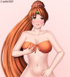 1girls alternate_costume bare_shoulders bikini breast_grab breasts brown_hair collarbone female female_only fire_emblem fire_emblem:_mystery_of_the_emblem fire_emblem:_shadow_dragon_and_the_blade_of_light grabbing_own_breast large_breasts linde_(fire_emblem) long_hair nail_polish nintendo orange_bikini orange_eyes orange_hair orange_swimsuit pink_nails pollo1567 ponytail shoulders smile solo swimsuit very_long_hair