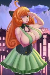 1girls animated big_breasts bow breast_lift breasts cleavage covered_nipples dress exposed_breasts female female_only green_eyes holding_breasts large_breasts light_skin long_hair looking_at_viewer one_eye_closed orange_hair outdoors penny_polendina red_hair rwby salute segal03 shorter_than_30_seconds skirt solo superbusty suspenders tagme tongue_out video wink winking