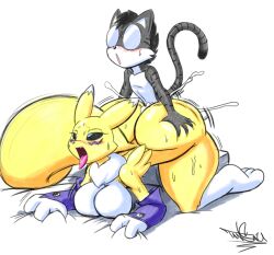 ambiguous_penetration anthro areola armwear ass bandai_namco bent_over big_breasts big_butt black_hair black_sclera blue_eyes blush bodily_fluids breasts bridal_gauntlets butt_grab clothing cum cum_inside digimon digimon_(species) dipstick_ears doggy_style domestic_cat duo eyewear felid feline felis female female_penetrated from_behind_position genital_fluids glasses grey_areola hair hand_on_butt huge_butt kneeling male male/female male_penetrating male_penetrating_female mammal multicolored_body multicolored_ears open_mouth penetration renamon sex tansau thick_thighs tongue tongue_out two_tone_body