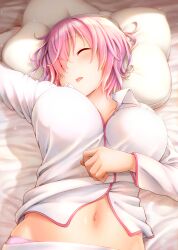 arm_up bed bed_sheet big_breasts blush breasts closed_eyes collared_shirt commentary_request contllenge fate/grand_order fate_(series) female hair_over_one_eye indoors large_breasts light_purple_hair long_sleeves lying mash_kyrielight navel on_back on_bed open_mouth otonari panties pillow pink_panties shirt short_hair sleeping solo underwear white_shirt wing_collar