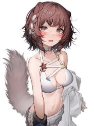 1girls animal_ears arknights bare_midriff bare_shoulders belly belly_button bikini blush blush bra breasts brown_eyes brown_hair choker collarbone fluffy_tail looking_at_viewer midriff roberta_(arknights) short_hair simple_background solo swimsuit tail