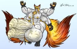 2_penises 2_tails 4_arms anthro ass balls big_balls big_butt big_muscles big_penis bodily_fluids canid canine canis diphallia diphallism elysios elysios_(elysios) foreskin fox genital_fluids genitals hair hi_res huge_balls huge_butt huge_cock huge_muscles humanoid_genitalia hybrid hyper hyper_balls hyper_genitalia hyper_muscles hyper_penis male mammal multi_arm multi_genitalia multi_limb multi_penis multi_tail muscular muscular_male nipples penis precum solo tail thick_thighs vein veiny_balls veiny_muscles veiny_penis wolf