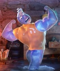 1boy ass ass_focus back back_muscle back_muscles back_view big_muscles disney elemental elemental_(pixar) elemental_creature elemental_humanoid flooding gay liquid male male_only muscular_male no_pants official_art personification pixar screenshot small_hands softcore solo wade_ripple water wet wet_shirt