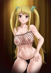 1girls amenoosa bikini_bottom blonde_hair brown_eyes fairy_tail fishnet_topwear fit_female huge_breasts looking_at_viewer lucy_heartfilia twintails voluptuous