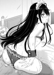 1boy 1girls armpits ass_grab bed big_ass black_hair blush clothed_sex cum_in_pussy cum_inside cute female gym_uniform inanaki_shiki leg_grab legs_up long_hair maid maid_apron maid_bikini maid_headdress male monochrome my_teen_romantic_comedy_snafu panties_aside ponytail pussy pussy_juice reverse_cowgirl_position schoolgirl shy small_breasts sports_bra sweat thick_thighs thigh_grab thigh_highs yukinoshita_yukino