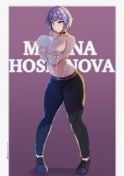 bottomwear breast_squeeze breasts choker covering_breasts half_naked hololive hololive_indonesia lactation large_breasts light-skinned_female light_skin milk milk_squirt moona_hoshinova myumi no_bra purple_eyes purple_hair short_hair topless virtual_youtuber