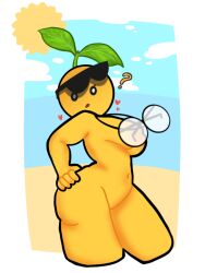 1girls areolae ass beach belly_button big_breasts boots curvy curvy_figure glasses_on_head glasses_removed lemon looking_at_viewer nude nude_beach outside solo solo_female sunglassesrnsunglasses_on_head thick_thighs thighs unkown43 yellow_skin