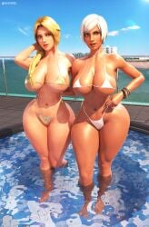 2girls 3d antarxrigel big_breasts bikini blonde_hair blue_eyes braided_hair breasts cleavage dark-skinned_female dark_skin dead_or_alive eyes female female_focus female_only hands_behind_back helena_douglas huge_ass large_ass large_breasts lisa_hamilton looking_at_viewer massive_thighs micro_bikini outside pool red_eyes short_hair sling_bikini team_ninja tecmo thick thick_legs thick_thighs thunder_thighs voluptuous voluptuous_female white_hair wide_hips