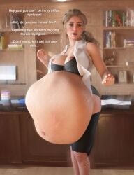 3d belly big_belly big_breasts bra breasts clothing dialogue diskdata female fishnets huge_belly large_breasts mature_female nipples panties same_size_vore skirt teacher text torn_clothes vore wardrobe_malfunction