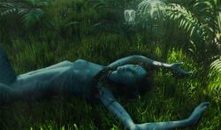 1girls alien alien_girl alien_only avatar avatar:_the_way_of_water black_hair blue_skin grass kiri_(avatar) lying na'vi outdoors outside realistic short_hair skinny