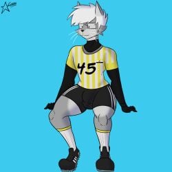 1:1 absurd_res anthro bulge clothed clothing cosmosarts detailed_bulge domestic_cat eyewear felid feline felis felix_ludwig fully_clothed glasses hi_res male mammal soccer_uniform solo sportswear thick_thighs uniform