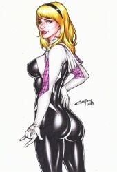 1girls 2023 blonde_hair bodysuit carlos_braga curvaceous curvy_body curvy_female curvy_figure ed_benes_studio gwen_stacy hairband hi_res huge_breasts latex_suit marvel marvel_comics seductive_look short_hair skin_tight solo solo_female solo_focus spider-gwen spider-man_(series)