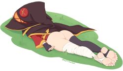 1girls 2020s 2022 ass big_ass brown_hair defeated dress feet female female_only kono_subarashii_sekai_ni_shukufuku_wo! legs lying megumin microdress no_panties on_stomach short_hair softhanten solo teenage_girl teenager thick_thighs thighs witch young