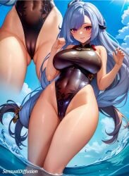 1girls 4k ai_generated anime blue_hair blush cameltoe curvy cute fanart fantasy from_below genshin_impact hentai huge_breasts latex long_hair looking_at_viewer multiple_views nsfw partially_submerged pinup pool sensualdiffusion shenhe_(genshin_impact) shiny_skin smile stable_diffusion swimsuit video_games water wet