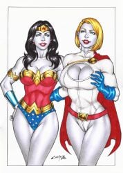 2023 2girls amazon blonde_hair carlos_braga curvaceous curvy_body curvy_female curvy_figure dc dc_comics diana_prince ed_benes_studio female female_focus female_only hi_res high_resolution huge_breasts karen_starr leotard long_hair looking_at_viewer partially_colored power_girl seductive_look superman_(series) tiara voluptuous voluptuous_female wonder_woman wonder_woman_(series)