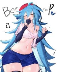 2020s 2023 anime backwards_cap blue_bottomwear blue_hair boyfriend_(friday_night_funkin) cap confident exposed_belly eyes_closed female female_boyfriend_(friday_night_funkin) friday_night_funkin genderbent genderswap gym_shorts legs_together light-skinned_female light_skin logo_on_topwear long_hair manga microphone midriff open_smile rule_63 shiny_hair shiny_skin short_shirt short_sleeves shorts singing smile snapback solo solo_female tagme tomboy usa37107692 video_game