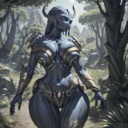 ai_generated alien alien_girl armor athletic_female audiostick auir blue_eyes blue_skin breastplate breasts cleavage curvaceous curvy gauntlets glowing_eyes hi_res high_resolution highres horns large_breasts monster monster_girl mouthless no_mouth protoss stable_diffusion starcraft starcraft_2 wide_hips zealot