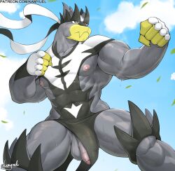 abs anthro balls bodily_fluids clothed clothing clothing_aside generation_8_pokemon genitals kamyuelo legendary_pokemon male male_only muscular muscular_anthro muscular_male musk nintendo nipples partially_clothed pecs penis pokemon pokemon_(species) solo sweat urshifu