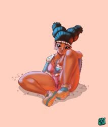 1girls 2022 blush dark-skinned_female dark_skin female female_only legs_apart lily_hawk looking_at_viewer no_panties plain_background pubic_hair pubic_hair_peek pussy pussy_peek roarbutter shorts sitting solo solo_female street_fighter street_fighter_6 thighs twin_braids upshorts wet_pussy