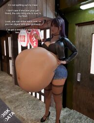 3d belly big_belly big_breasts breasts cleavage dialogue diskdata female hand_on_hip high_heels huge_belly jean_shorts prostitution purple_hair same_size_vore text vore