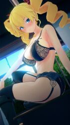 1girls 3d arm_support ass big_breasts black_bra black_panties blonde_hair blue_eyes blush bra busty claire_harvey cleavage drill_hair female female_only garter_straps hi_res hundred large_breasts legs lingerie looking_at_viewer seductive seductive_smile sensual sitting smile thick_thighs thighs twin_drills voluptuous