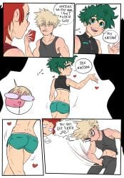 3boys artist_request ass ass_focus bare_midriff blonde_hair blush boner_in_pants booty_shorts bulge comic comic_page cute_eyes denial eijirou_kirishima english_text erection erection_under_clothes femboy feminine_male freckles freckles_on_body freckles_on_face freckles_on_shoulders freckles_on_thighs gay gay_denial girly green_eyes green_hair green_shorts grey_tank_top heart human humor in_denial izuku_midoriya katsuki_bakugou light-skinned_male light_skin male male_only manly muscular_arms muscular_shoulders my_hero_academia no_background nosebleed red_hair scars_on_arm short_shorts shorts sideburns sleeveless_shirt source_request speech_bubbles spiky_hair superhero tank_top text toy_chuu white_background yaoi