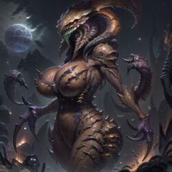 ai_generated alien alien_girl athletic_female audiostick big_breasts breasts char claws cleavage curvaceous curvy glowing_eyes hi_res high_resolution highres horns hydralisk hydralisk_(starcraft) insect insect_girl large_breasts monster monster_girl moon mountain no_nipples stable_diffusion starcraft starcraft_2 thick_thighs wide_hips zerg zergling