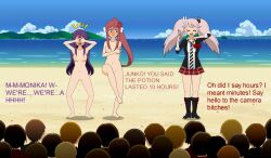 3girls barefoot beach brexitaceattorney camera clothed_female_nude_female completely_nude completely_nude_female covering covering_face crossover crowd danganronpa doki_doki_literature_club embarrassed embarrassed_female embarrassed_naked_female embarrassed_nude_female enf english_text female female_focus full_body junko_enoshima laughing monika_(doki_doki_literature_club) multiple_girls naked naked_female notice_lines nude nude_female phone smile straight_hair text yuri_(doki_doki_literature_club)