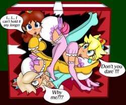 3girls blonde_hair brown_hair cuddlelamb dialogue diaper diaper_fetish face_in_ass facesitting humiliation imminent_peeing imminent_scat in_box mario_(series) messing omorashi princess_daisy princess_peach princess_rosalina restrained royalty scat_desperation speech_bubble text thighhighs