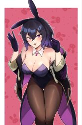 1girls :3 alternate_costume breasts bunny_ears bunny_girl bunnysuit cleavage dark_hair female female_only fire_emblem fire_emblem_awakening gesture large_breasts looking_at_viewer morgan_(fire_emblem) morgan_(fire_emblem)_(female) multicolored_hair naughty_face nintendo purple_eyes purple_hair short_hair solo thighs zet_(twt_zet)