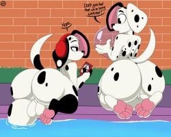 101_dalmatian_street 101_dalmatians 2023 2boys 4_fingers 4_toes absurd_res anthro ass backsack balls big_butt brother brothers canid canine canis d.j._(101_dalmatians) dalmatian dialogue digital_media_(artwork) disney domestic_dog duo dylan_(101_dalmatians) english_text eye_contact feet femboy femboy_only fingers fur furry furry_only genitals girly headphones hi_res holding_object looking_at_another male male_only mammal nr_ac nude partially_submerged pawpads pink_pawpads sibling spots spotted_body spotted_fur tail text thick_thighs toes water