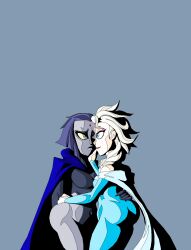 2girls dc dc_comics disney elsa_(frozen) female female_only frozen_(film) hand_on_cheek hands_on_hips holding looking_at_another multiple_girls raven_(dc) teen_titans tyrranux yuri