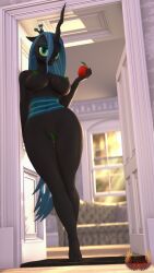 3d 3d_(artwork) absurd_res anthro anthrofied apple areola arthropod breasts changeling digital_media_(artwork) door_frame eyeshadow female food friendship_is_magic fruit genitals green_eyes green_eyeshadow green_hair hair hasbro hi_res horn leaning leaning_on_doorway loveslove makeup my_little_pony nipples plant pose pussy queen_chrysalis_(mlp)