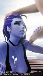 1boy 1girls 3d activision baldsombra big_breasts bikini blizzard_entertainment cleavage cum cum_on_breasts female hand_on_another's_head handjob long_hair looking_at_another looking_up male male/female offscreen_character overwatch overwatch_2 partial_male penis ponytail purple_skin widowmaker