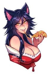 9_tails ahri big_breasts blue_hair cleavage eating good_artwork good_stuff iahfy league_of_legends league_of_legends:_wild_rift looking_at_viewer nine_tailed_fox open_mouth pizza riot_games sfw smile smiling smiling_at_viewer vastaya