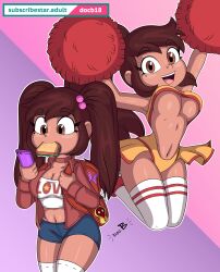 1girl 1girls 2020s 2021 backpack blue_bottomwear breasts brown_eyes brown_hair cheerleader cleavage clothed clothing crop_top doc.b eyebrows_visible_through_hair female female_only hair_ornament happy human jacket light-skinned_female light_skin mariposa_diaz moderate_tomboy navel phone pom_poms shiny_skin short_shorts shorts smile solo star_vs_the_forces_of_evil teenage_girl teenager thighhighs tomboy twintails two_tone_socks two_tone_socks_(redandwhite) underboob western_art western_cartoon