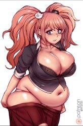 bbw belly_overhang big_belly big_breasts big_female blonde_hair blush bra chubby chubby_female cleavage danganronpa danganronpa:_trigger_happy_havoc embarrassed fat fat_fetish fat_girl fat_woman fatty huge_belly junko_enoshima kipteitei large_female obese obese_female overweight overweight_female pork_chop smooth_skin thick_thighs tubby