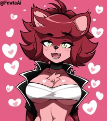 absurd_res ai_generated big_breasts cally3d choker clazzey cleavage clothing cryptiacurves fangs fazclaire's_nightclub fewta fexa fexa_(cryptia) fishnet_armwear five_nights_at_freddy's fox foxy_(cally3d) foxy_(fnaf) freckles fredina's_nightclub green_eyes heart jacket pink_background red_body red_fur red_hair red_skin simple_background smile teeth tuft wraps