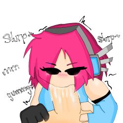 :3 aged_up black_eyes blue_clothing blush castle_of_nations endzone fingerless_gloves gloves headphones olga_melody_gascon oral oral_sex pink_hair slurp sucking_penis